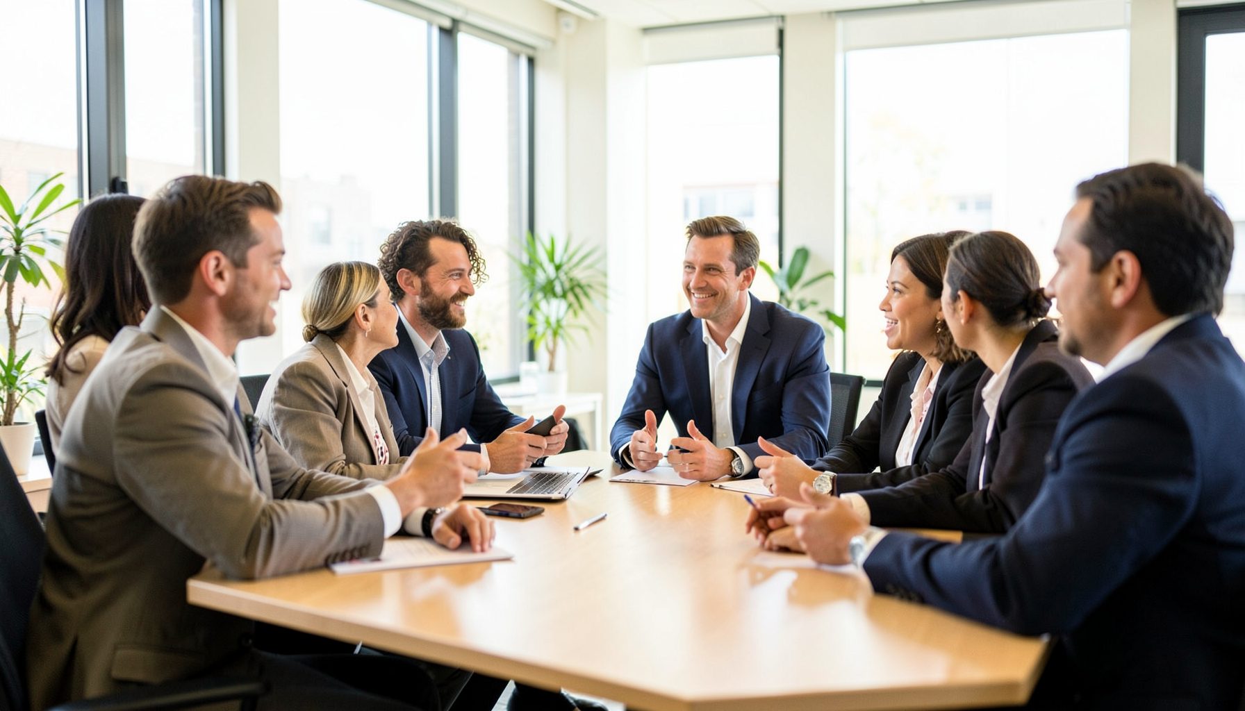 A diverse group of professionals in a bright modern boardroom, engaged in animated discussion, warm natural light, confident mood