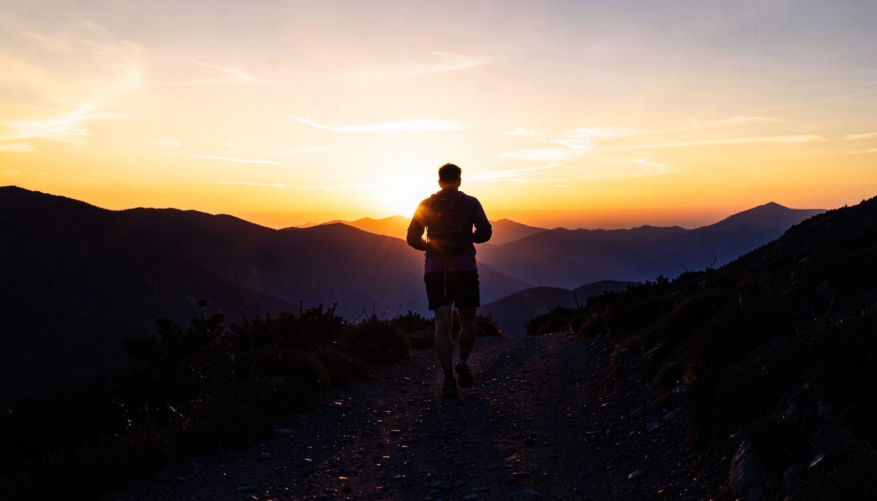 A lone runner silhouetted against a golden sunrise on an open mountain trail, warm amber and deep navy tones