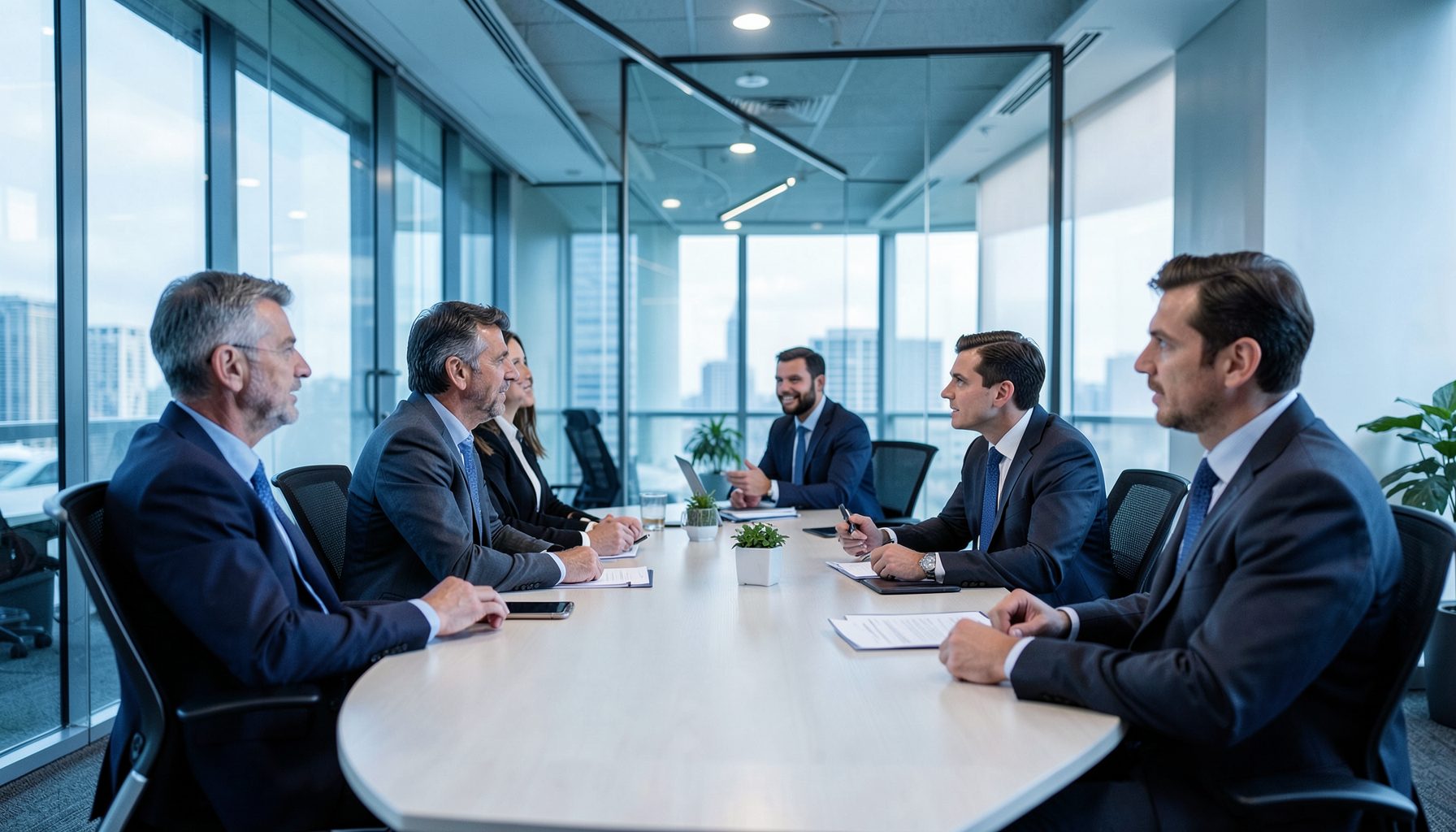 A modern glass-walled boardroom with professionals in discussion, cool blue and grey tones, corporate and forward-looking mood