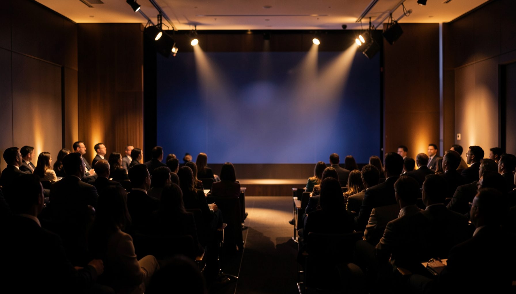 A polished corporate conference setting with warm amber and navy tones, soft stage lighting, and a professional audience