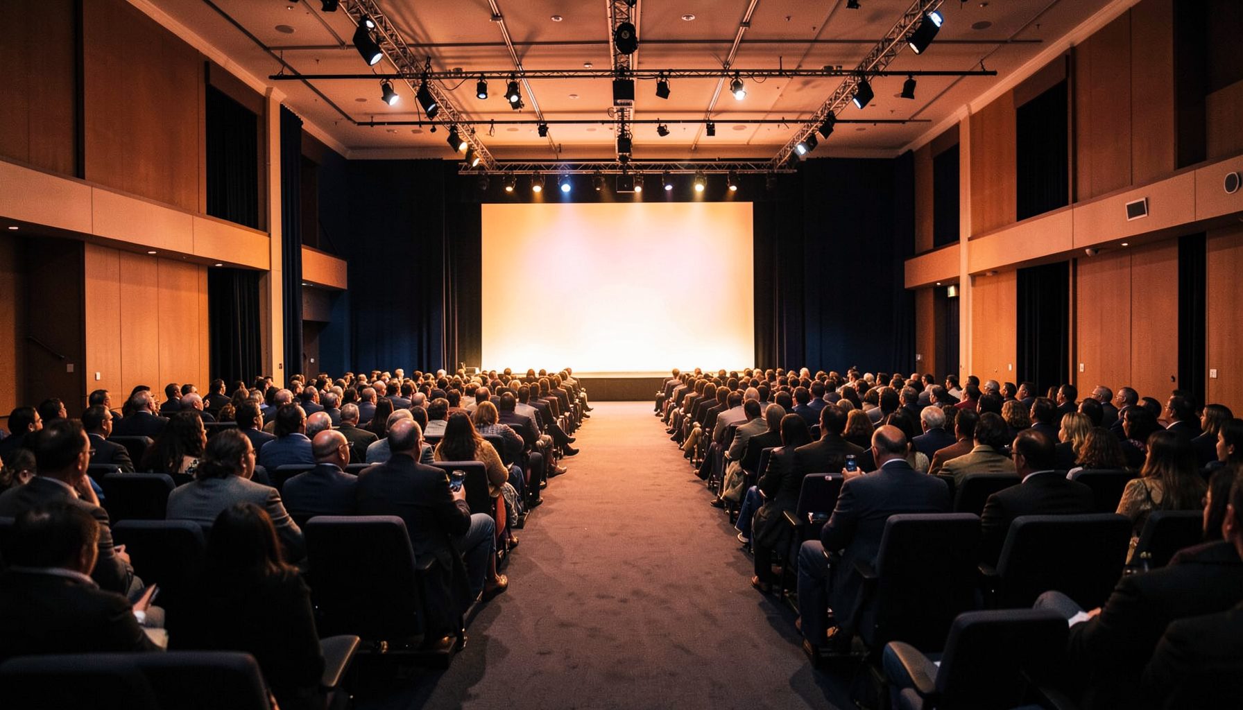 A wide conference hall with rows of attendees facing a brightly lit stage, warm amber and deep navy tones filling the room