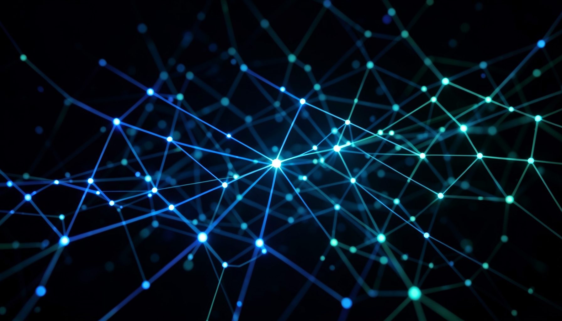 Abstract glowing network of interconnected nodes and light trails in deep blue and teal tones, suggesting innovation and forward-thinking energy