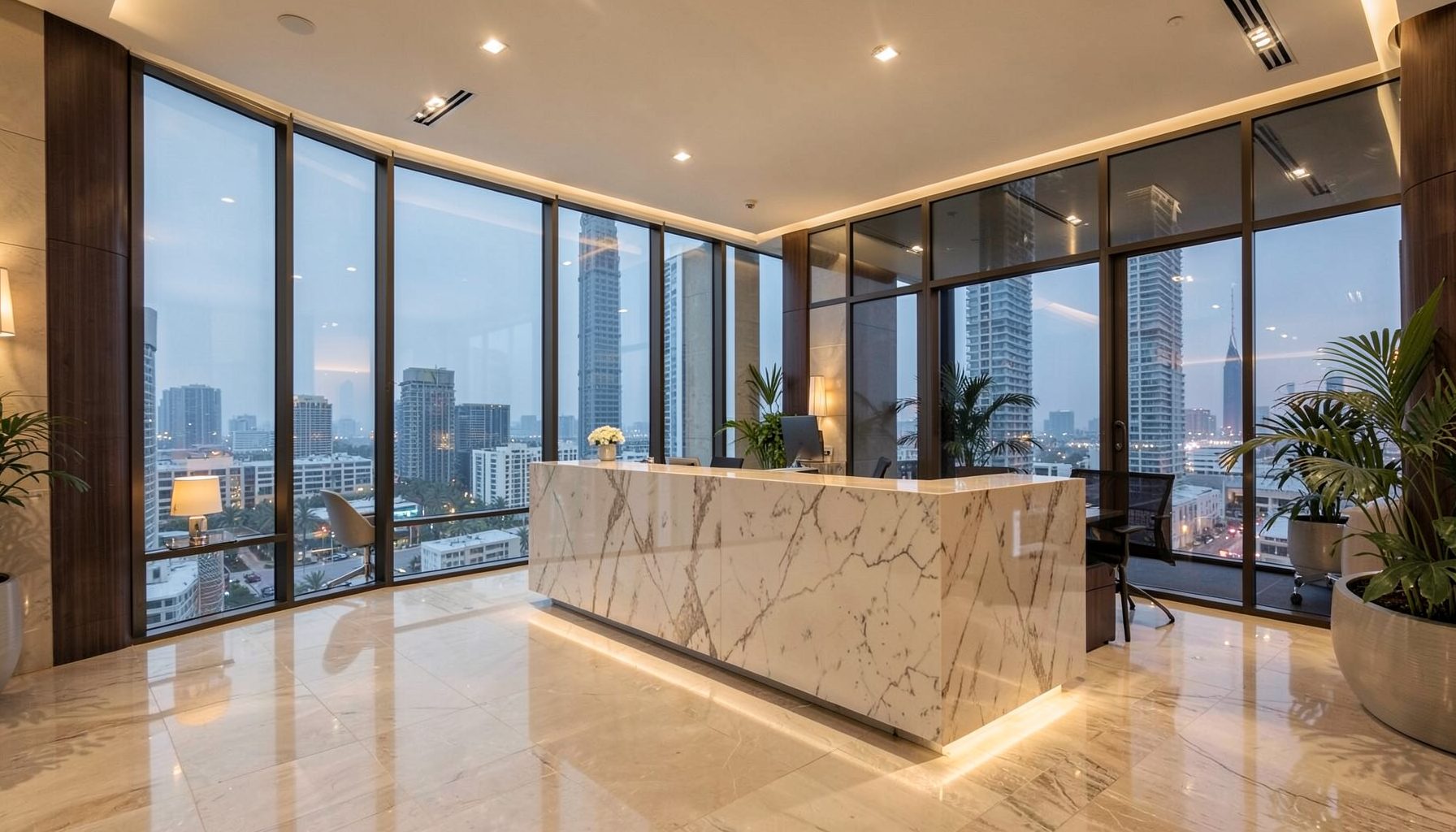 Sleek modern office interior in Dubai with warm ambient lighting, floor-to-ceiling windows, and a polished marble reception