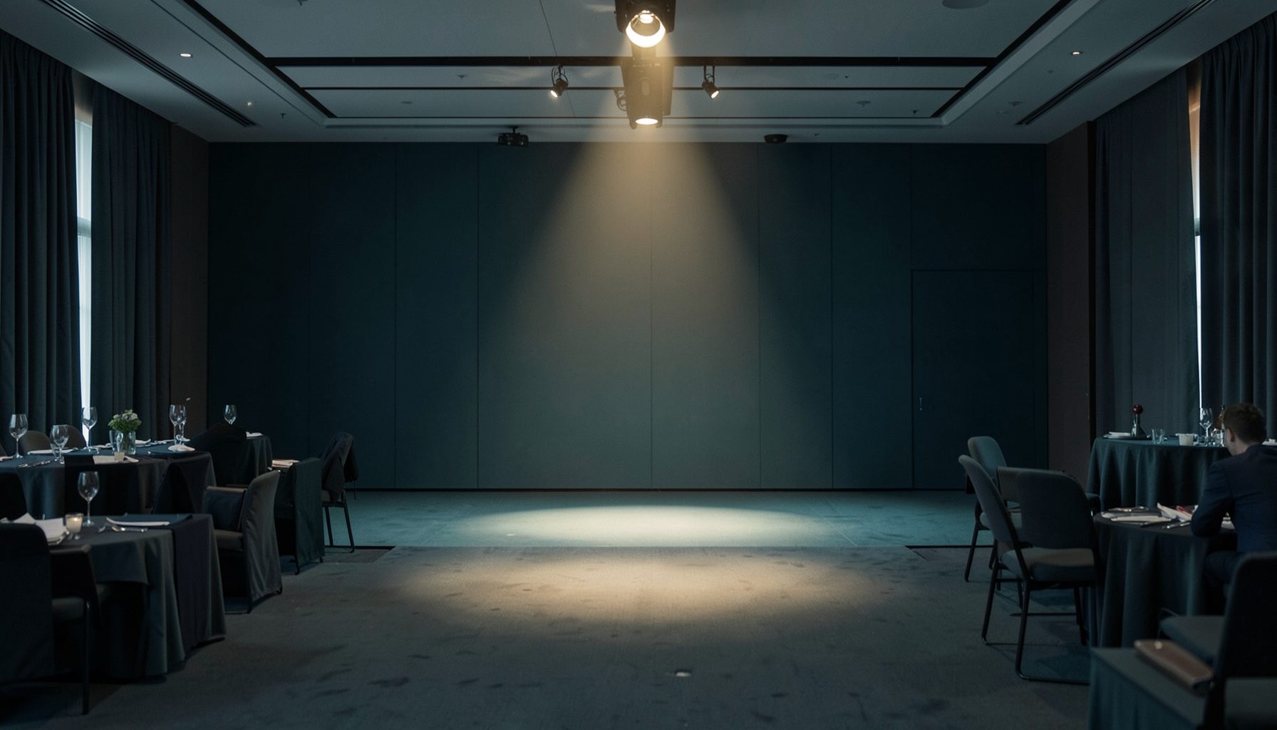 Wide stage in soft dark teal and charcoal tones with a single warm spotlight, evoking a calm, upscale conference hall